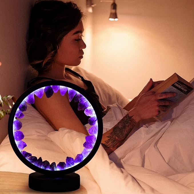 Runyangshi Amethyst Night Lamp 8.6" Natural Healing Crystal Bedside Lamp USB Port 3 Colours Dimming Mode Bedroom Lamp Suitable Night Light for Living Room Bedroom Office Home Decor Ideal Gift - Bloomnest