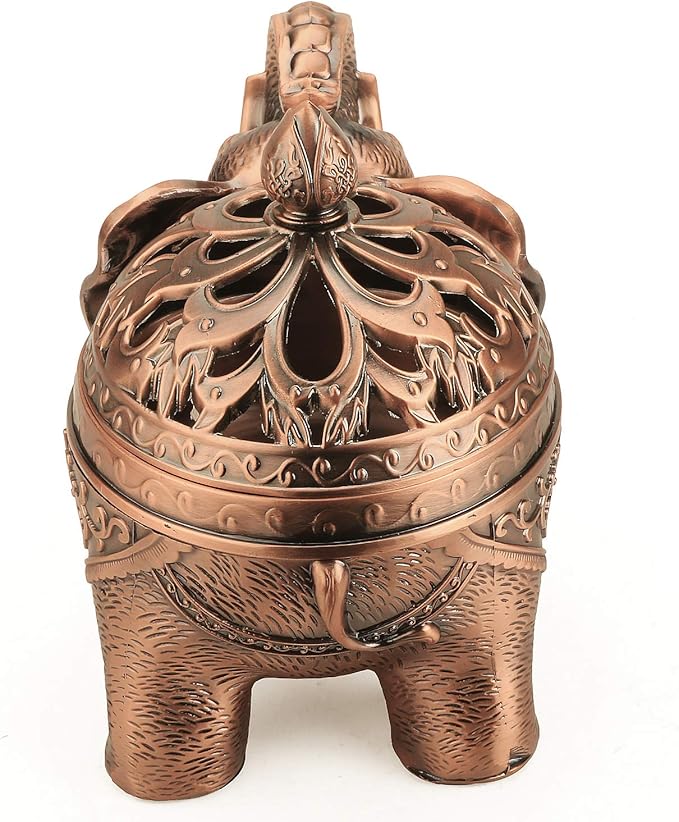 K COOL Alloy Incense Holder Stand Elephant Cone Coil Incense Burner Ash Catcher with Lid, Aromatherapy Ornament Home Decoration for Indoor Outdoor (Red Copper) - Bloomnest