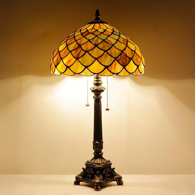 Tiffany Lamp Fish Scales Style Stained Glass Table Lamp Desk Reading Light 12X12X21 Inches with Resin Base Decor Bedroom Living Room - Bloomnest
