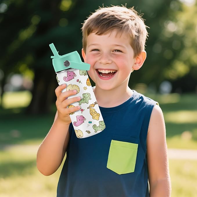Axolotl Gifts for Girls - 16oz Green Axolotl Water Bottle with Straw Lid, Stainless Steel Insulated Tumbler, Leak Proof, for Boys, Sport, Travel, School - Animal Lovers Children Birthday Gift Cup(1pc) - Bloomnest