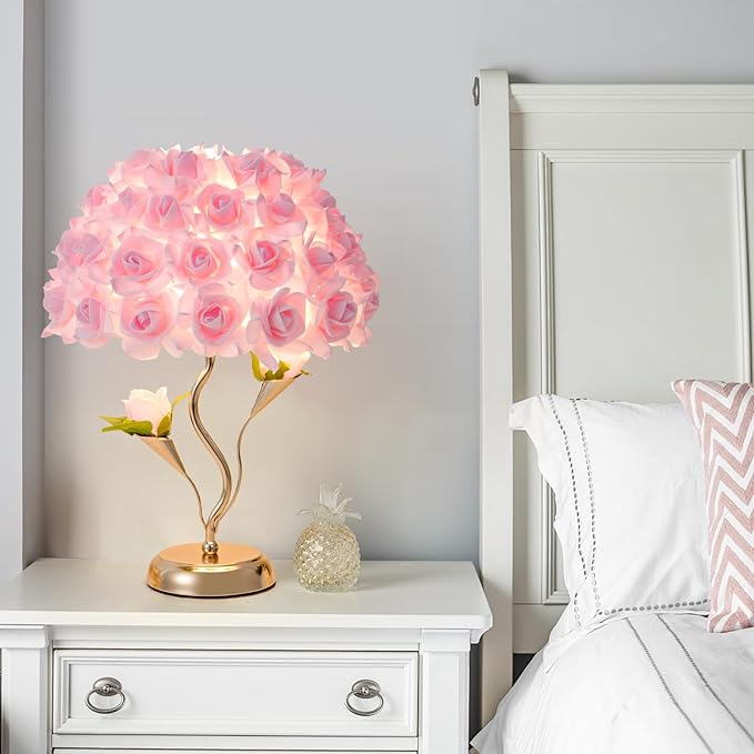 Pink Flowers Lamp Fabric Rose Table Lamp Flower Desk Lamp Creative Bedroom Nightstand Light or Wedding Decor Valentines Dating Party Livingroom Hotel Office Study Room - Bloomnest