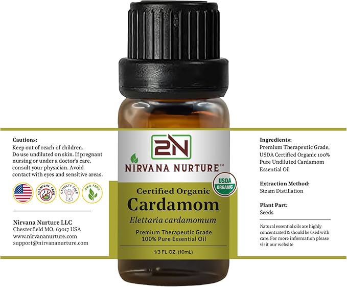 Cardamom Essential Oil, USDA Certified Organic, 100% Pure Undiluted, Aromatherapy Oil for Diffuser, Hair & Skin Care NirvanaNurture
