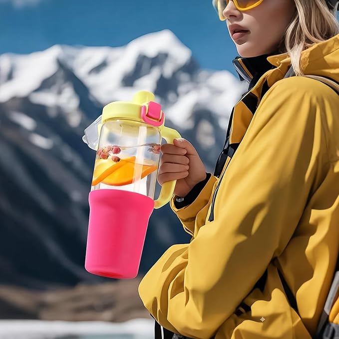 32 oz Glass Tumbler with Handle, 2-in-1 Straw and Sip Spout, Leakproof, BPA-Free Glass Water Bottle for Sports, Office, School, Bright Pink - Bloomnest