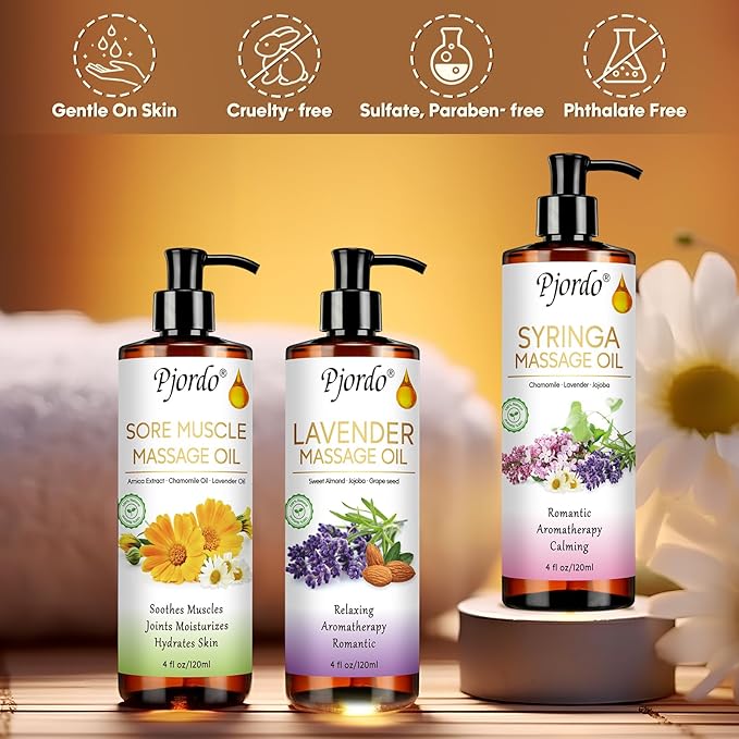 Body Massage Oil for Massage Therapy Kit, Lilac, Lavender, Sore Muscle Arnica Oil with Massage Roller Ball, Relaxing Massage Oils for Pain Relief, Spa Gift Set for Him Her - Bloomnest