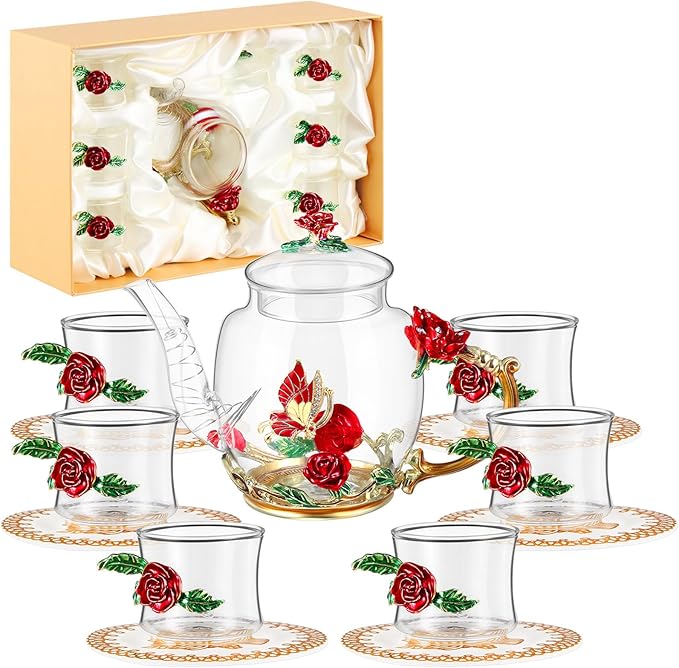 7 Pcs Floral Glass Tea Set Women Christmas Teapot Set for Adults Glass Tea Gift for Mom Party Mother's Day Birthday, Fancy Pot Cups with Gift Box(Red) - Bloomnest