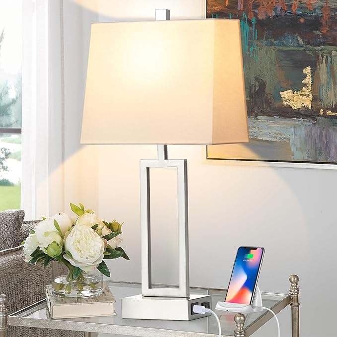 Touch Control Table Lamps for Living Room, 3-Way Dimmable Modern Table Lamp with USB A+C Charging Ports & AC Outlets, Bedside Contemporary Nightstand Desk Lamps with Fabric White Shade for Bedrooms - Bloomnest