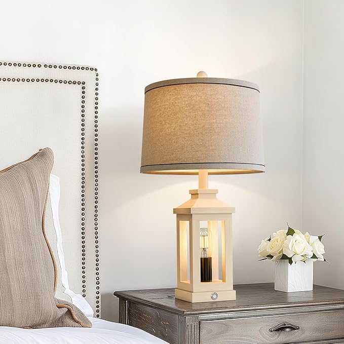 BOBOMOMO 23.75" Antique White Farmhouse Table Lamps Set of 2 – Vintage Nightstand Lamps with 3 Way Dimmable Touch Control Night Light & USB A+C Ports, Rustic Lamps for Bedroom, Living Room, Hallway