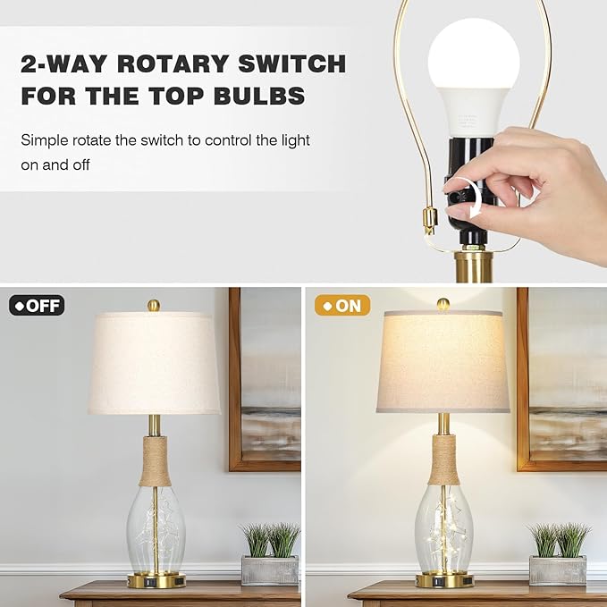 27.5" Coastal Glass Table Lamps Set of 2, Touch Control 3-Way Dimmable Modern Table Lamps with USB A+C Ports & AC Outlets, Farmhouse Rustic Boho Vintage Night Light for Living Room Bedroom Gold Ocean - Bloomnest