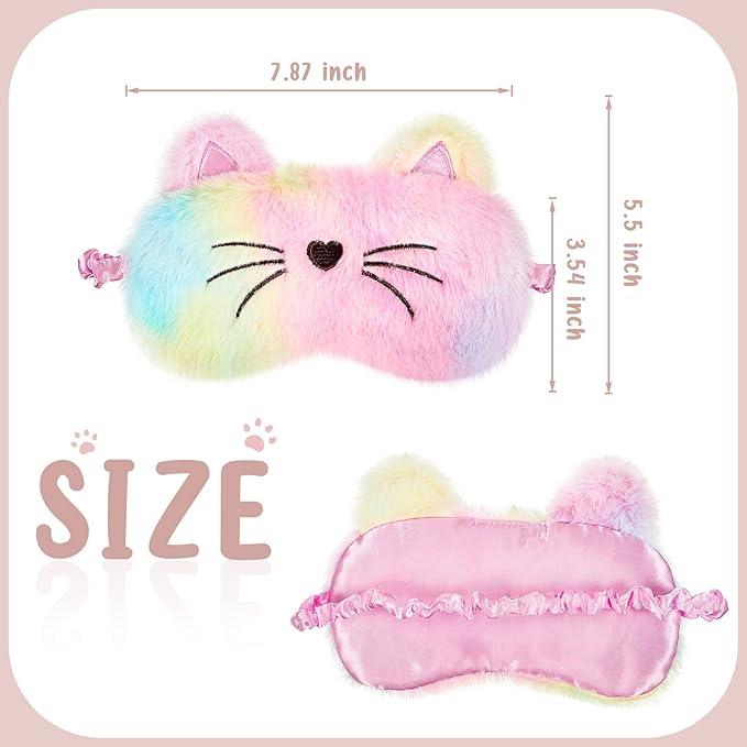 3 Pieces Sleep Mask for Kids, Girls Plush Sleeping Eye Cover Soft Eye Blindfold Cover Animal Shade for Kids(White, Pink and Rainbow Color,Cat Style) - Bloomnest