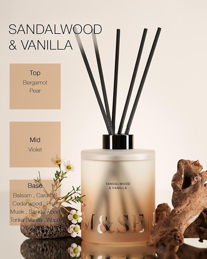 M&SENSE Sandalwood & Vanilla Reed Diffuser Set - 16.9 fl oz Long-Lasting Scent, Non-Toxic Essential Oil Diffuser for Home, Fragrance Diffuser Housewarming Gifts for Bathroom Bedroom for Women MSENSE