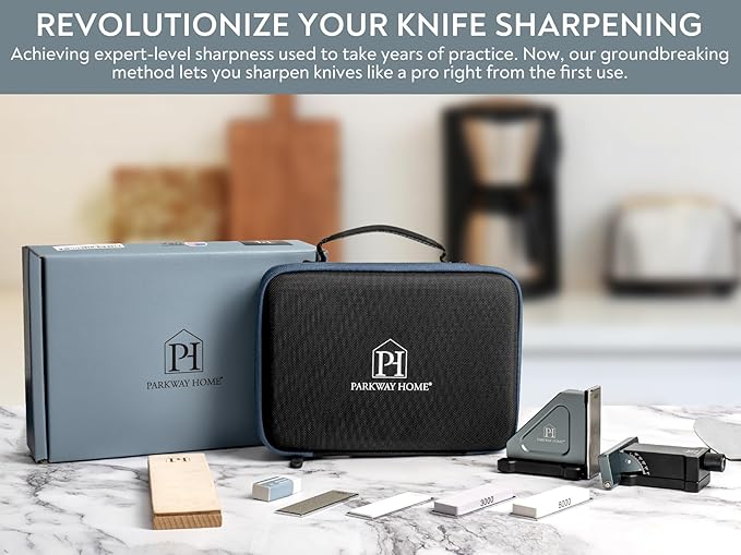 ORIGINAL ADJUSTABLE ROLLING KNIFE SHARPENER KIT: Adjustable Height, 30 Angle Options, 5 Removeable Whetstone Plates, Leather Strop with Travel Case - Kitchen Knife Sharpener - Bloomnest