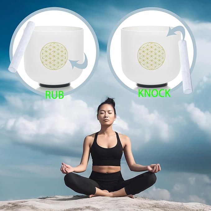 8" C Note 432HZ Flower of Life Crystal Singing Bowl Frosted Quartz Root Base Chakra Meditation Sound Healing with Durable Carrying Case Suede Striker O-ring - Bloomnest