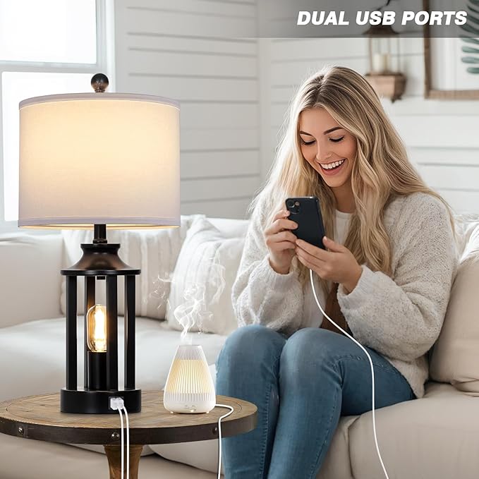 Black Living Room Lamps Set of 2, 3 Way Dimmable Touch Control Farmhouse Table Lamps with 2 USB Ports, Retro Bedside Lamp with 2 LED Nightlight,Rustic Bedroom Lamp for Nightstand(4 LED Bulbs Included) - Bloomnest