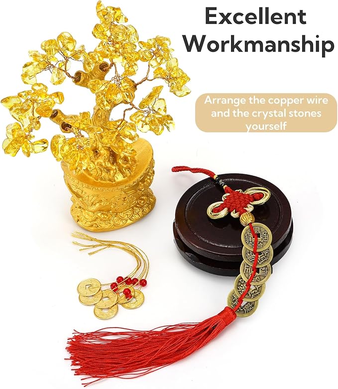 9 Piece Citrine Money Tree, 7" Small Yellow Crystal Bonsai with Yuanbao Pot & Coins, Chinese Style Lucky Money Plant Decor with Red Tassels & Wood Base for Wealth, Prosperity, Home Office Desk - Bloomnest