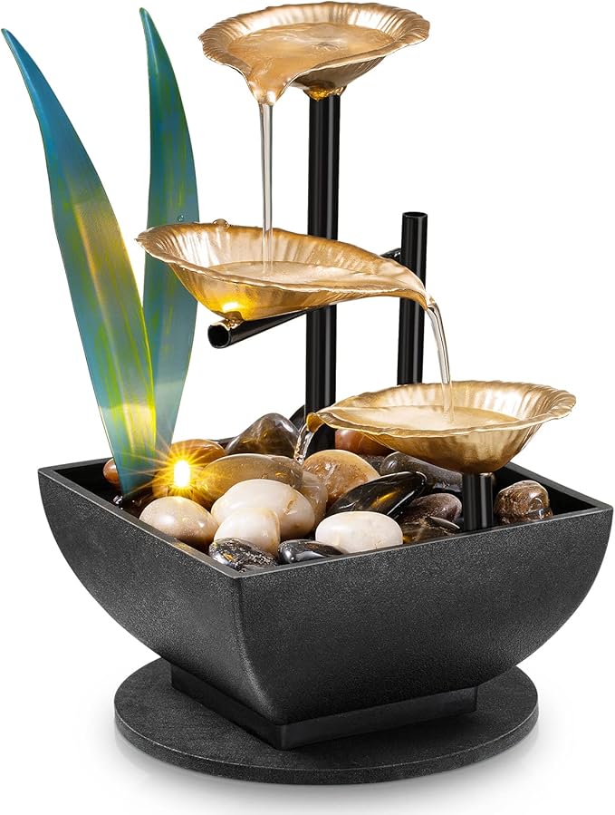 Tabletop Fountain Desktop Fountain 3-Tier Indoor Golden Lotus Leaf Relaxation Fountains Tabletop Waterfall, Office Home Decor Including Lots of Natural River Rocks and Warm Yellow Scene Light - Bloomnest