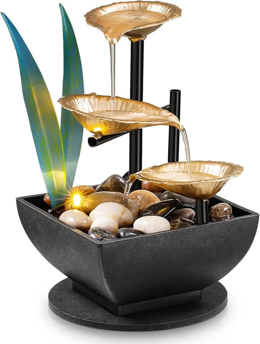 Tabletop Fountain Desktop Fountain 3-Tier Indoor Golden Lotus Leaf Relaxation Fountains Tabletop Waterfall, Office Home Decor Including Lots of Natural River Rocks and Warm Yellow Scene Light - Bloomnest