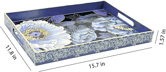Serving Tray with Handles, 15.7 * 11.8 inches, Plastic Ottoman Tray with Exquisite Paintings, Trays for Coffee Table - Bloomnest