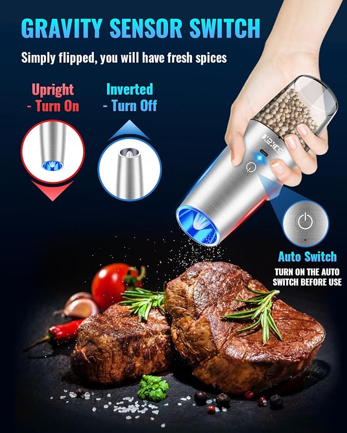 Rechargeable Electric Pepper and Salt Grinder Set, No Battery Needed, whit Gravity Sensing Switch and LED Light, One Hand Automatic Operation, Sliver, 2 Pack - Bloomnest