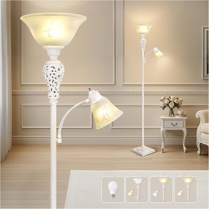 Torchiere Floor Lamp with Adjustable Reading Light, 72" Tall Vintage Lamp with White Glass Shade, Farmhouse Standing Lamp, Rustic LED Floor Lamp for Living Room Bedroom Office Corner, Bulbs Included - Bloomnest
