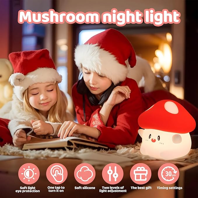Mushroom Night Light,LED Cute Silicone Squishy Lamp Rechargeable Nursery Nightlight with 2 Level Dimmable Bedside Touch Lamp for Bedroom Kids Room Mushroom Decor Gifts - Bloomnest
