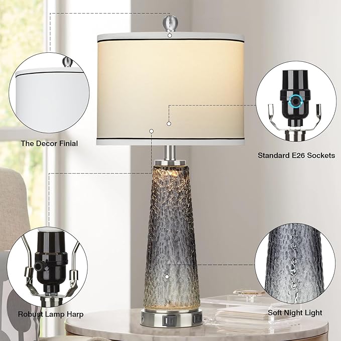 Glass Table Lamp Set of 2, 26" Modern Table Lamps with USB A+C Ports & AC Outlet, Touch Control Bedside Nightstand Lamp with LED Night Light for Living Room Bedroom Home Decor Black(4 Bulbs Included) - Bloomnest