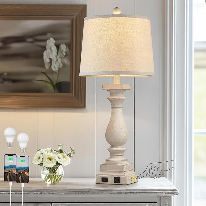 28" Tall Farmhouse Table Lamps with USB C+A Ports and AC Outlet, 3 Way Touch Control Rustic Bedside Lamps for Bedroom, Beige Vintage Nightstand Lamps for Living Room Office - Bloomnest