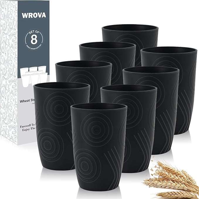 Wrova Wheat Straw Cups 16oz set of 8 with Etched Pattern - Alternative Plastic Cups Dishwasher Safe - Plastic Drinking Cups Unbreakable for Kids - Pure Black - Bloomnest