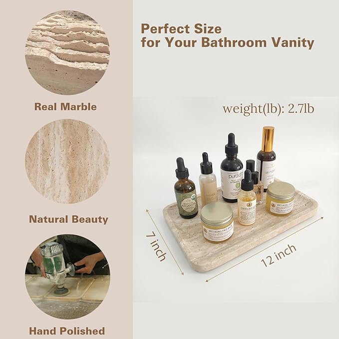 Natural Marble Vanity Tray for Bathroom Counter-12 X6 Decorative Tray for Perfume, Candles, Stone Jewelry Dish Tray - Bloomnest
