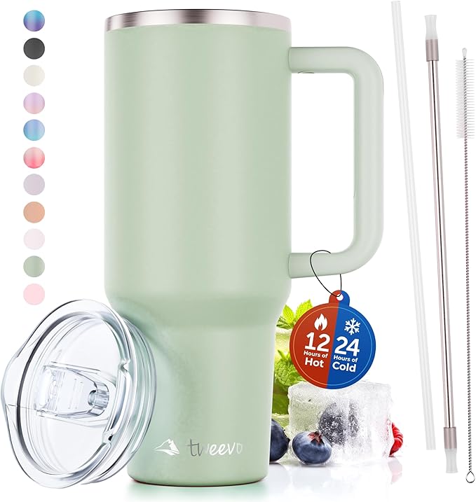 40 oz Tumbler With Handle and Straw Made of Stainless Steel - Double Wall Vacuum Insulated Tumbler With Lid - Sweat Proof Easy Grip, BPA-Free, Dishwasher Safe Tumbler (Sea Sage) - Bloomnest