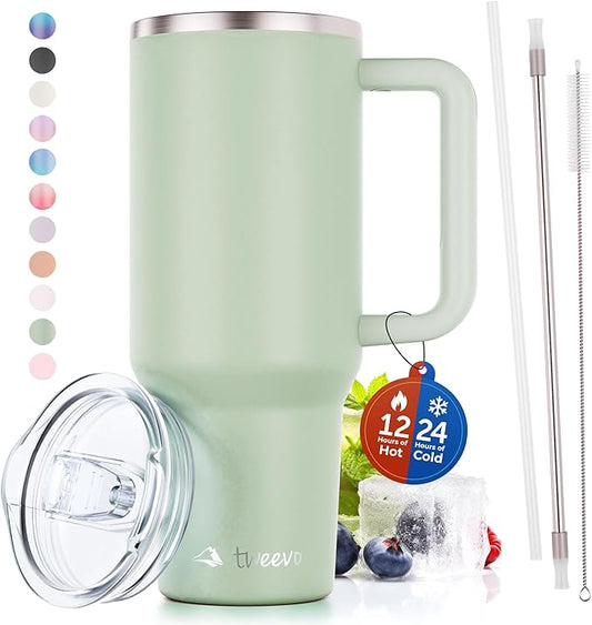 40 oz Tumbler With Handle and Straw Made of Stainless Steel - Double Wall Vacuum Insulated Tumbler With Lid - Sweat Proof Easy Grip, BPA-Free, Dishwasher Safe Tumbler (Sea Sage) - Bloomnest