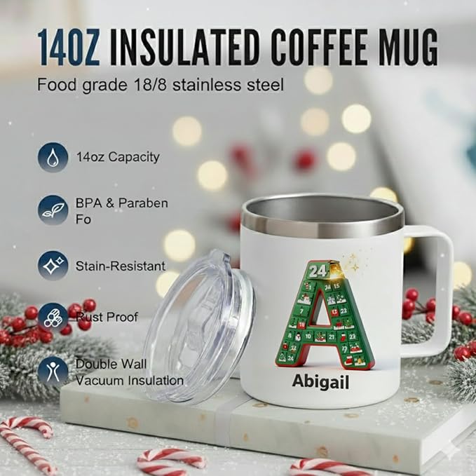 Personalized Christmas Advent Calendar Mug with Custom Name & Initial - 14oz Insulated Stainless Steel Tumbler with Handle & Lid - Unique Holiday Countdown Gift for Women, Men, Family (B62) - Bloomnest