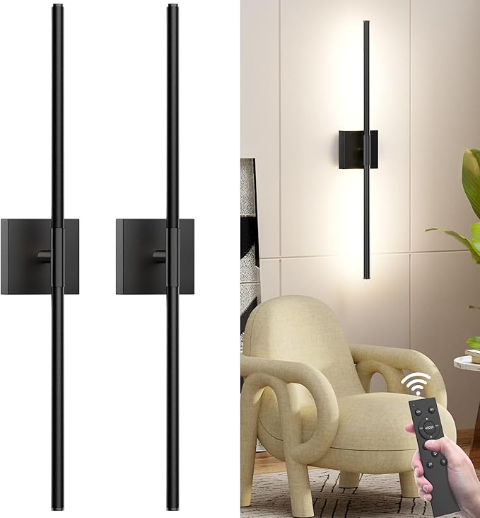 31.5 Inch Battery Operated Wall Sconce Set of Two, 8000mAh USB Rechargeable Wall Sconce with Remote Control, 360°Rotate Dimmable 3000K-6000K LED Wall Lights for Living Room, Hallway, Bedroom, Black - Bloomnest