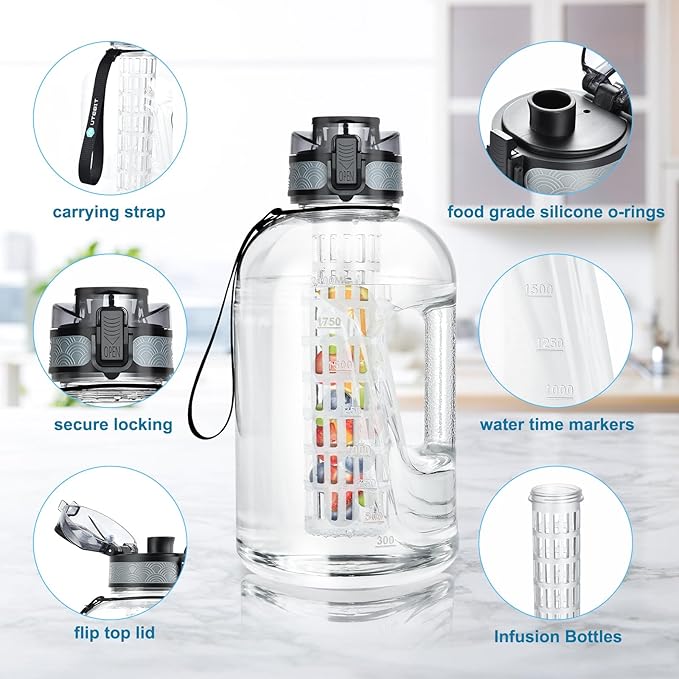 UTEBIT 74 OZ Fruit Infuser Water Bottle, Half Gallon Insulated Sports Water Bottle With Straw, 2.2L BPA Free Leak Proof Tritan Large Water Jug with Strap for Gym, Camping, Travel, Outdoor - Bloomnest
