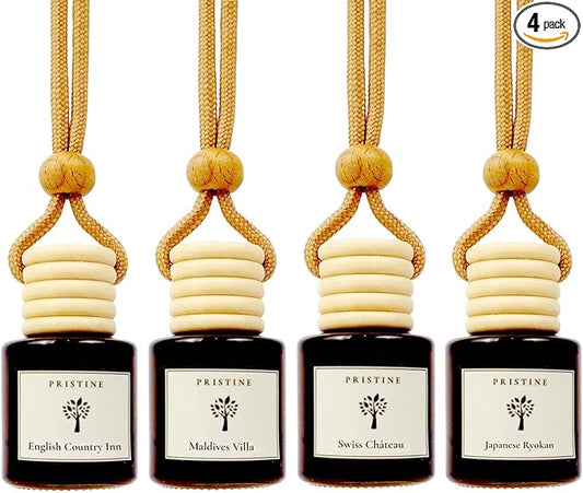 PRISTINE Car Air Freshener/Top 4 Hotel Blend Essential Oils 4 Pcs Set Mini Hanging Teakwood Cap Diffuser for Car Aroma Scenting/Cute Long-Lasting Fragrance for 30 Days of Aroma in Car - Bloomnest