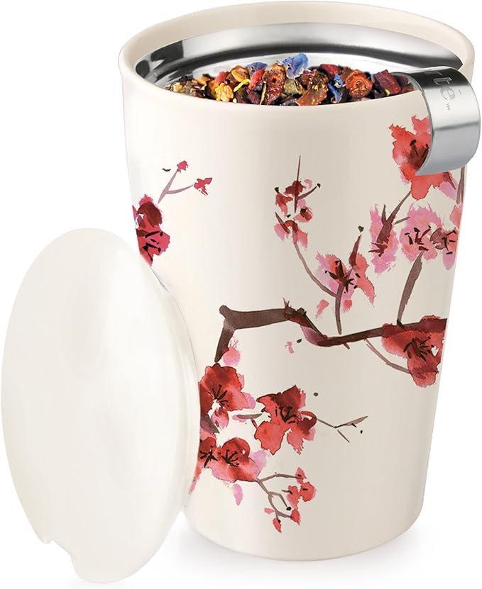 Tea Forte Double-Walled Ceramic Kati Cup, Removable Stainless Steel Infuser Basket and Lid, Steeps 12 oz Loose Leaf Tea, Dishwasher & Microwave Safe, Cherry Blossom - Bloomnest