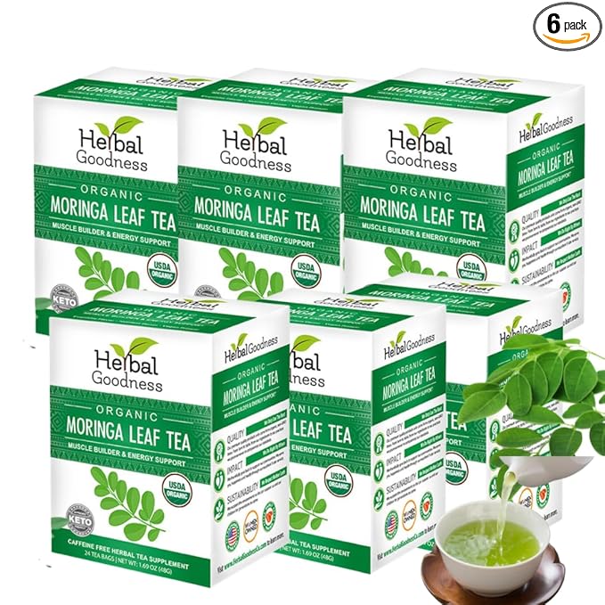 Herbal Goodness Moringa Tea - 6 Cases (24 Tea Bags Each) - Pure Moringa Powder Organic Herbal Tea for Supporting Digestion, Immune System & Bone Health | Non-GMO Caffeine-Free Made in USA - Bloomnest