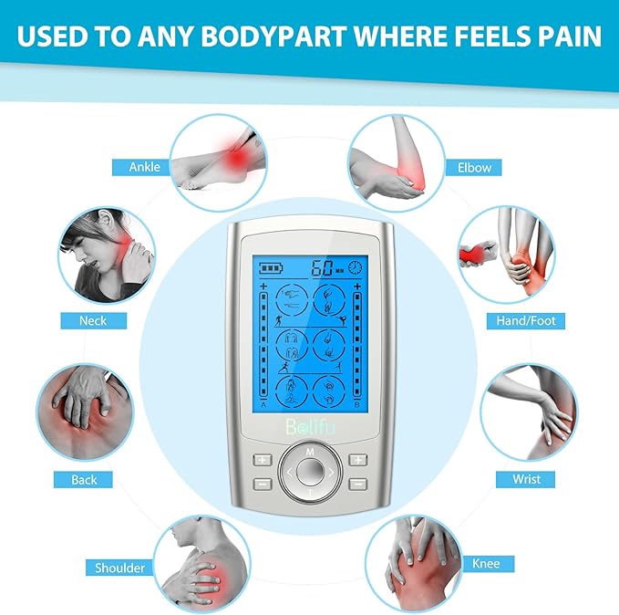 Belifu Dual Channel TENS EMS Unit 24 Modes Muscle Stimulator for Pain Relief Therapy, Electronic Pulse Massager Muscle Massager with 10 Pads, Dust-Proof Drawstring Storage Bag, Fastening Cable Ties Belifu