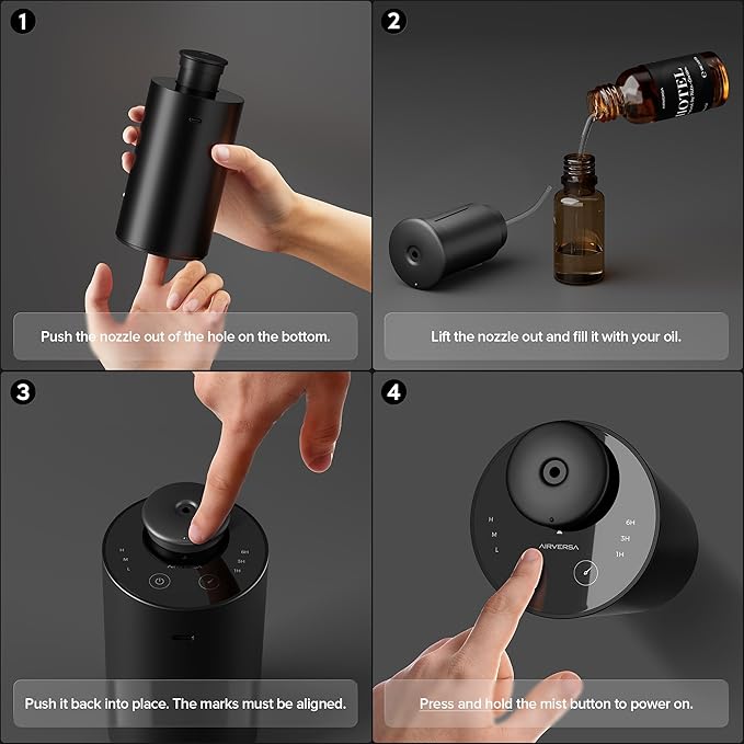 Airversa Waterless Essential Oil Diffuser Starter Kit with 4 x 10mL Fragrance Scent Oil, Battery Operated Mini Scent Air Machine Portable Diffuser for Home Car Office, ANX Titanium Kit01 - Bloomnest