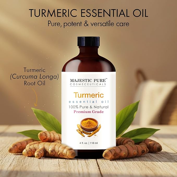 Majestic Pure Turmeric Essential Oil with Glass Dropper - 4 Fl Oz - 100% Pure and Natural Turmeric Oil - Premium Grade Essential Oils for Diffuser, Aromatherapy, Soap and Candle Making - Bloomnest