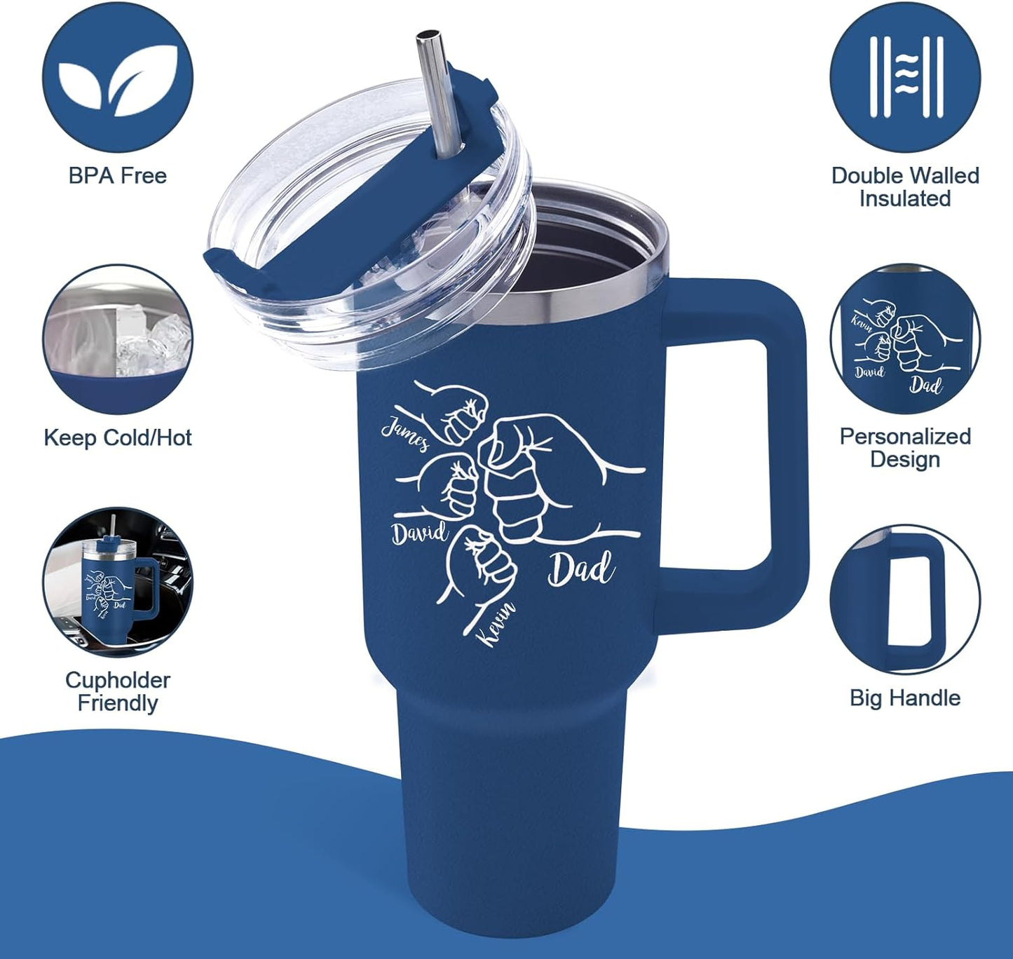 Custom Dad Tumbler with Kids Names, Personalized 40 Oz Tumbler with Handle and Straw, Personalized Birthday Gifts for Dad Husband