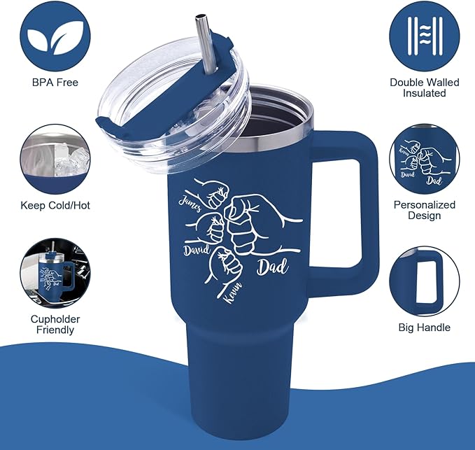 Custom Dad Tumbler with Kids Names, Personalized 40 Oz Tumbler with Handle and Straw, Personalized Birthday Gifts for Dad Husband - Bloomnest