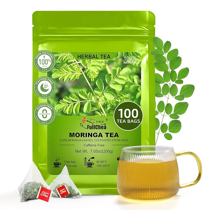 FullChea - Moringa Tea Bags, 100 Count - Pure & Natural Rosabella Moringa Leaves, Cultivated From India - Caffeine-free Herbal Tea for Supporting Digestion & Immune System - Non-GMO - Bloomnest