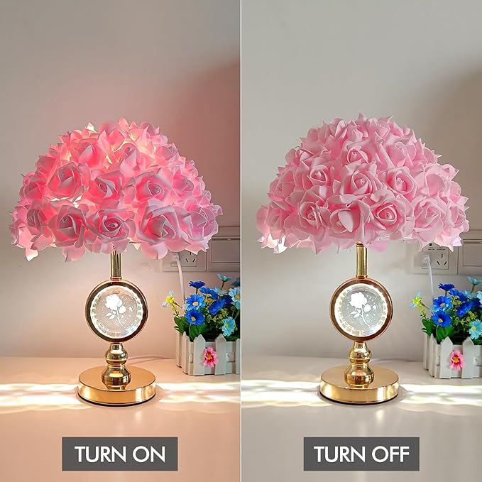 Pink Rose Flower Lamp Princess Bedside Lamp Modern Gold Table Lamp Nightstand Flower Light Cute Desk Lamp for Teen Girl Romantic Bedroom Wedding Deco Valentines Mother's Day Living Room - Bloomnest