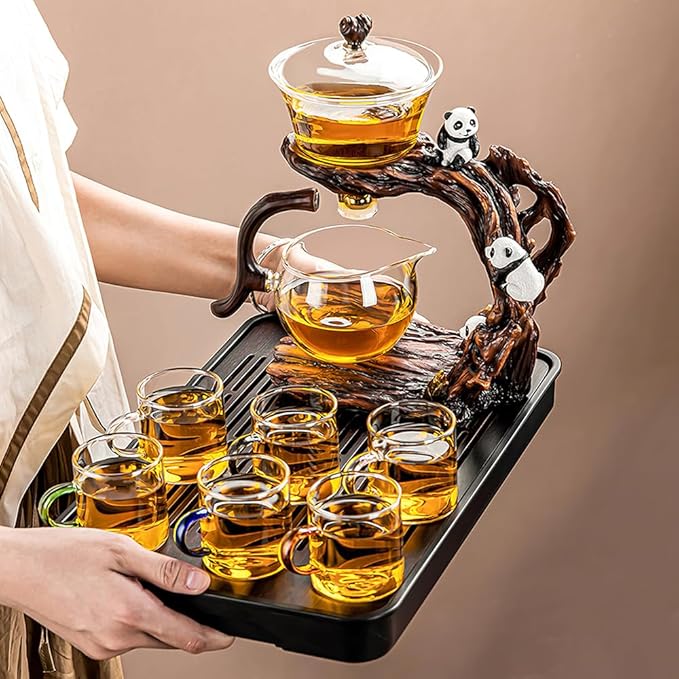 Lazy Kungfu Drip TeaPot, Heat Resistant Tea Set, Semi-Automatic Glass Teapot Suit for Magnetic Water Flow Wooden Glass Teapot Set