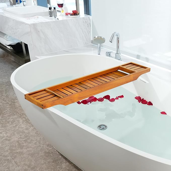 VaeFae Teak Bathtub Tray, Wooden Bath Caddy for Bathtub, Bath Tub Wood Table for Tub - Bloomnest