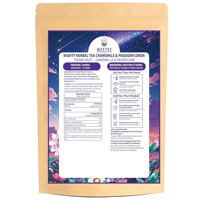 WT WEETEE Chamomile & Passionflower Nighty Herbal Tea Bags 50 Counts, Includes Spearmint, Valerian Root, Lavender, Peppermint & More, Natural Caffeine-free - Bloomnest