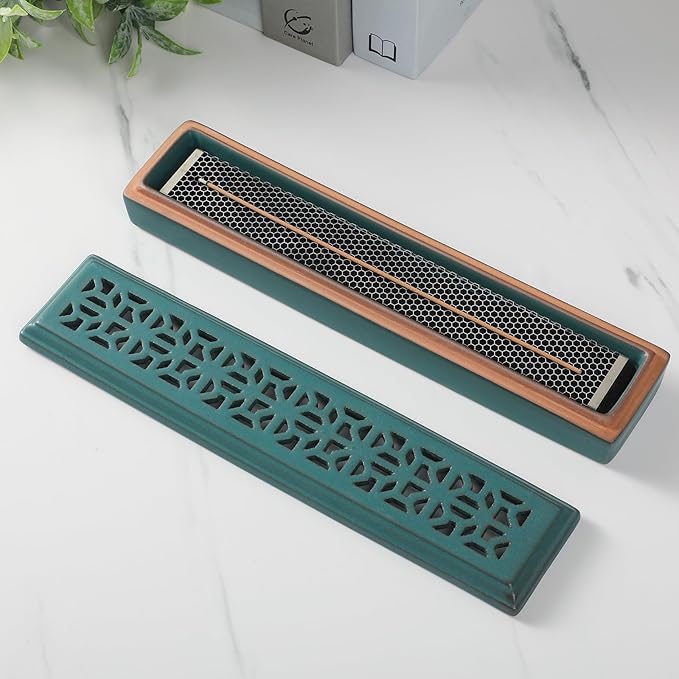 CEREMONY Incense Holder,Ceramic Incense Holder for Sticks with Ash Catcher,Coffin Style Incense Box,Incense Burner for Meditation Yoga Spa Room Decor(Green)