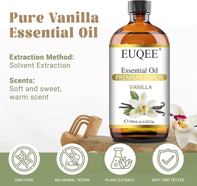 EUQEE 118ml Vanilla Essential Oil, Pure Vanilla Fragrance Essential Oil for Diffuser, Massage, DIY Soap,Candle Making, Skin & Hair Care - 4.0 Fl Oz EUQEE