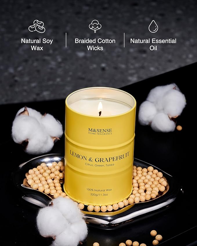 M&SENSE Lemon Candle,Summer Grapefruit Scented, Lemon Soy Candles 11.3oz 70 Hour Slow Burning, Limoncello Highly Scented Citrus Candles for Bathroom, Fresh Smelling Candle - Bloomnest