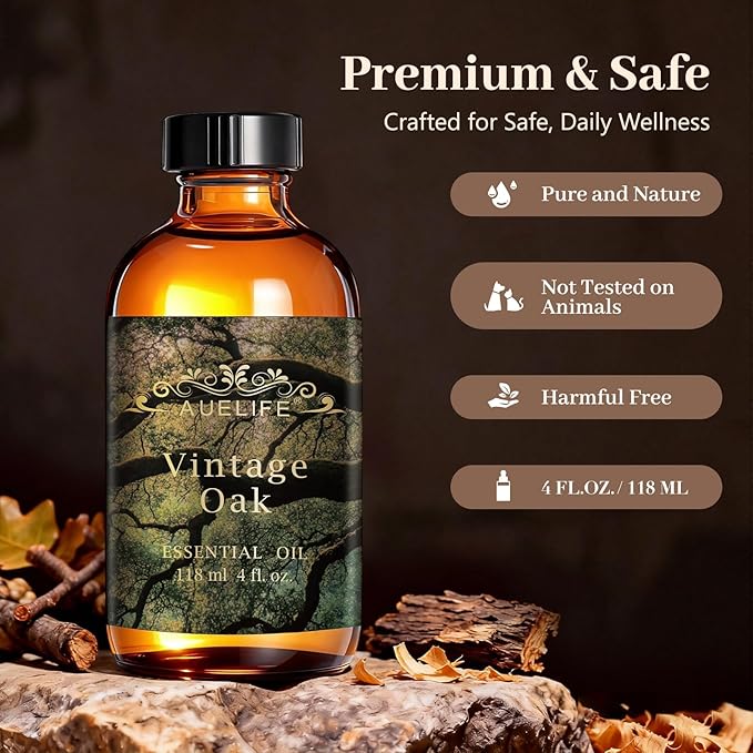 Auelife 4oz Vintage Oak Men Essential Oils for Diffusers for Home - Warm Woody Fragrance Oil for Candle Making, Soap Making, Father's Day Gifts for Him- Masculine Scent for Men Gift, 118ml Bottle Auelife